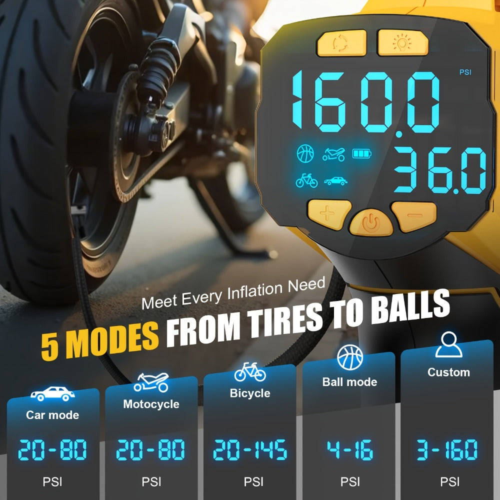 Cordless Tire Inflator 160PSI Portable Air Compressor Compatible with DeWalt 20V / 18V Battery ¨C Digital Pressure Gauge, Fast Inflation for Cars, Motorcycles, Bicycles & Sports Balls (Battery Not Included)