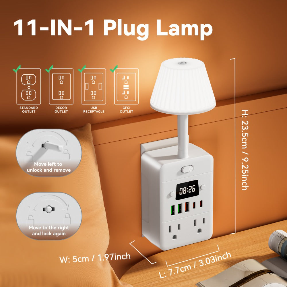 Power Strip Extender with Digital Clock & Desk Lamp ¨C 4 AC Outlets, 3 USB & 2 Type-C Ports, One-Touch On/Off, Overload Protector | Multi-Function Surge Protector for Home, Office, Dorm & School