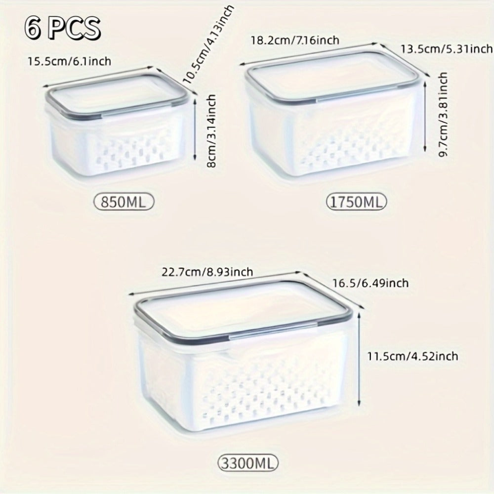 Food Storage Containers Set 6pcs BPA Free Plastic with Drain Baskets and Lids Leak Proof Freezer Safe Reusable for Fruits Vegetables Meal Prep Kitchen Organizer