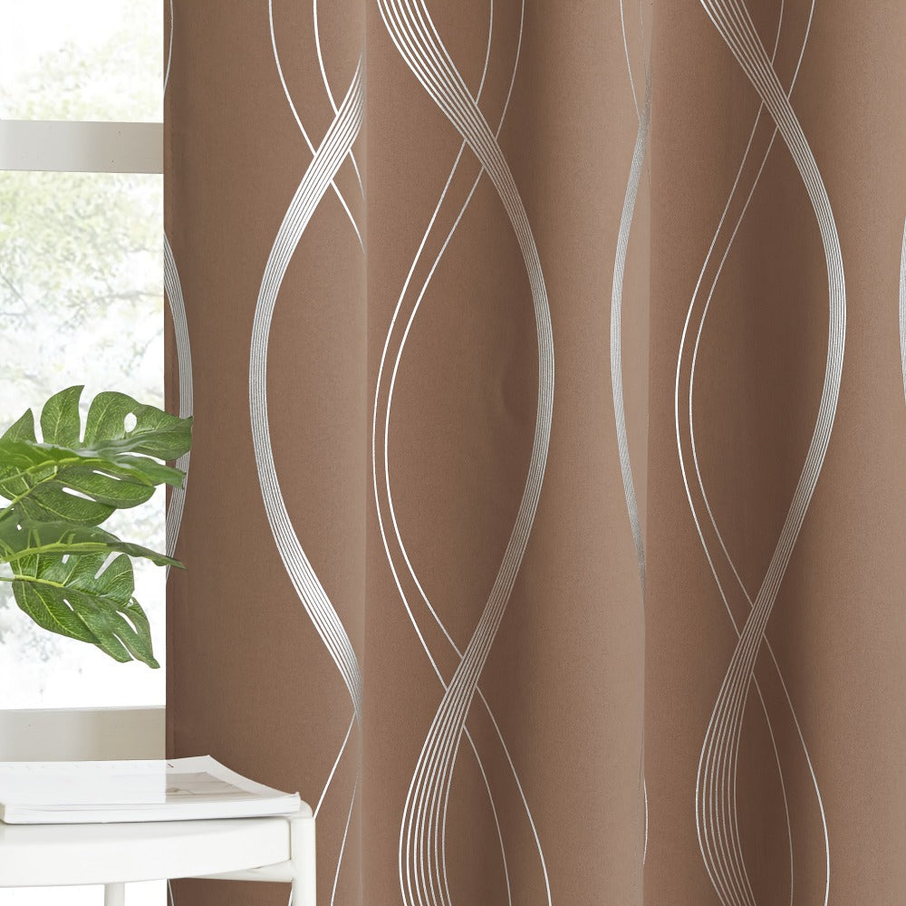 Thermal Insulated Blackout Curtains 2 Panels Wave Line Foil Print Noise Reducing Room Darkening Drapes for Bedroom Living Room Patio Sliding Glass Door