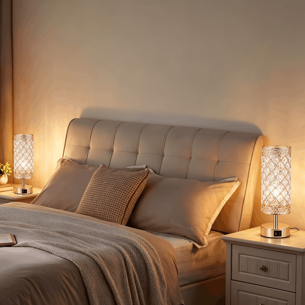 Crystal Bedside Table Lamp with Touch Control & 2 USB Charging Ports, 3-Way Dimmable Nightstand Lamp with Decorative Crystal Base, LED Bulb Included, for Bedroom Living Room Office