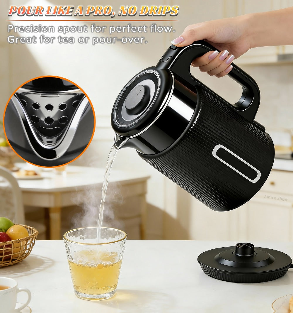 Electric Kettle 1000W Double Wall Stainless Steel ¨C 57.48oz 304 SS Hot Water Kettle with 360¡ã Rotary Base, LED Light, Auto Shut-Off & Boil-Dry Protection, Instant Water Warmer for Coffee & Tea ¨C Black