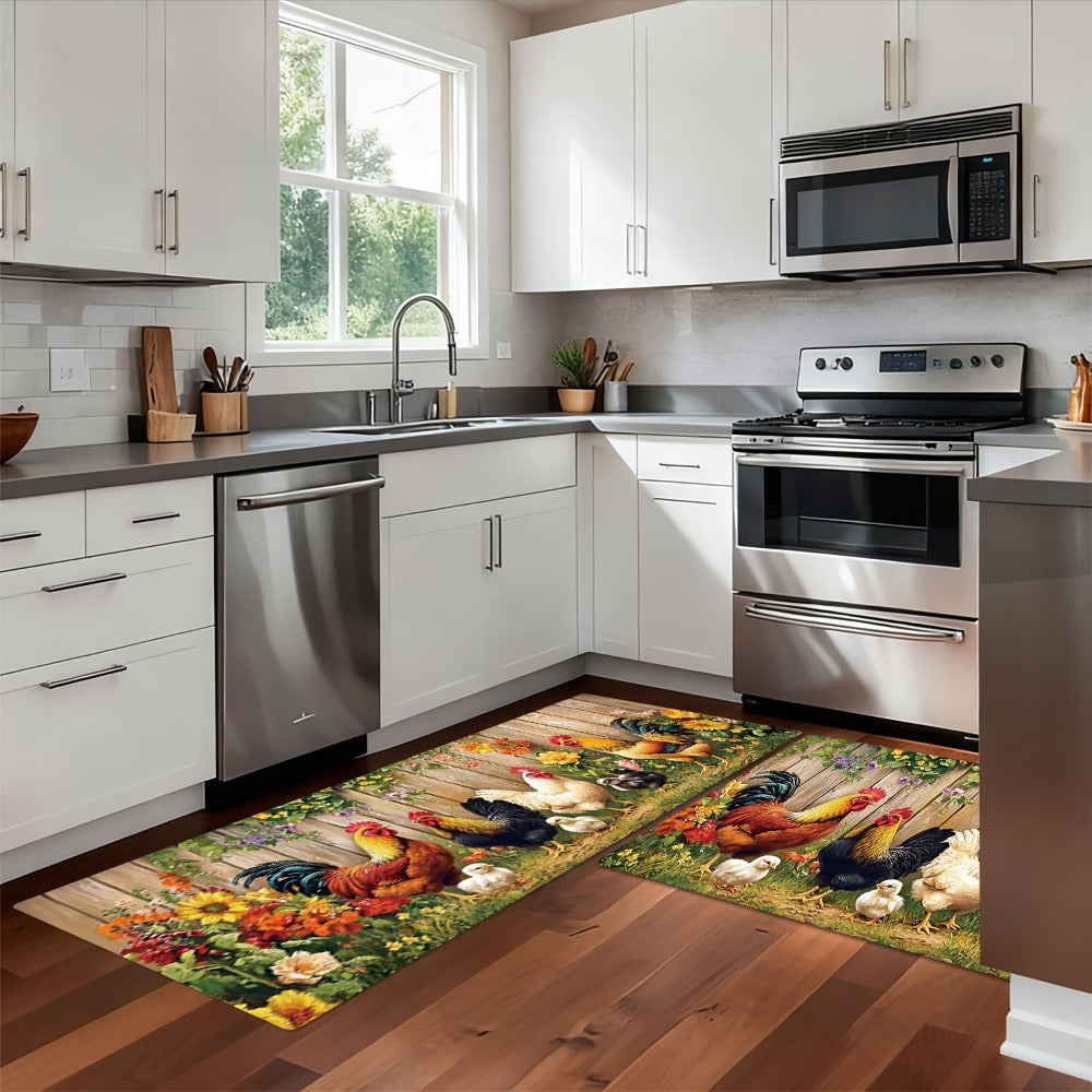 Rooster Kitchen Rugs Set 1/2/3/4pcs Vintage Farmhouse Anti-Slip Floor Mats for Kitchen Bedroom Bathroom Living Room Laundry Room Entrance