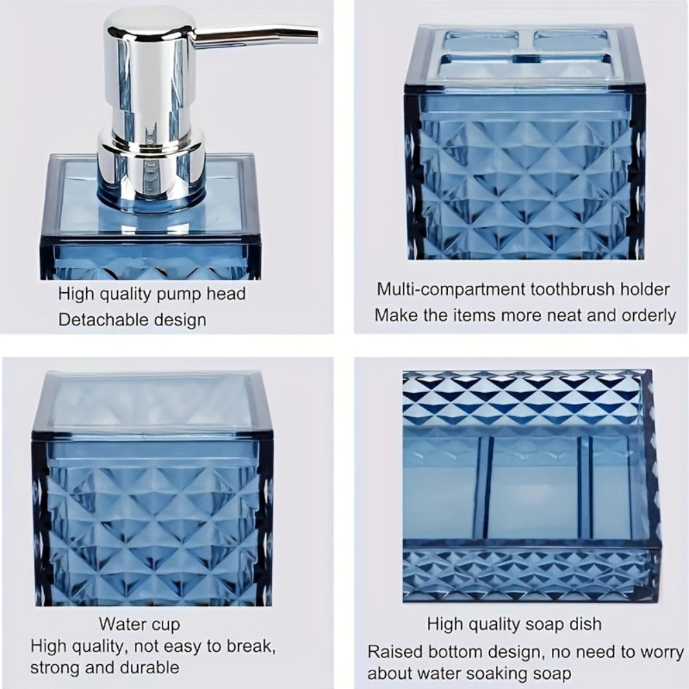 Bathroom Accessories Set 4-Piece Diamond Grid Plastic Organizer Soap Dispenser Toothbrush Holder Grey Blue Green