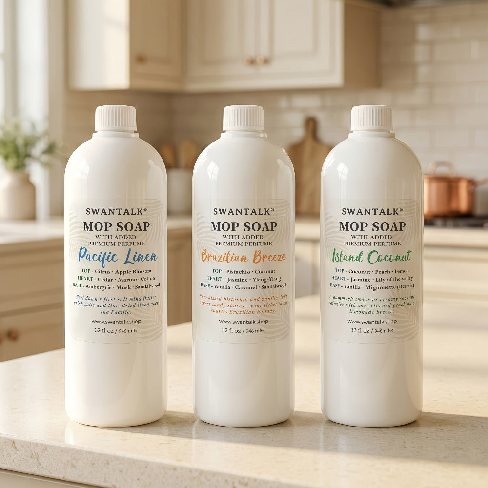 Concentrated Floor Cleaner 4X Formula 32 fl oz, SWANTALK Mop Soap Multi-Surface Streak-Free Floor Wash, Perfume-Inspired Deodorizing Cleaner, Pet Friendly ¨C Brazilian Breeze, Island Coconut, Pacific Linen