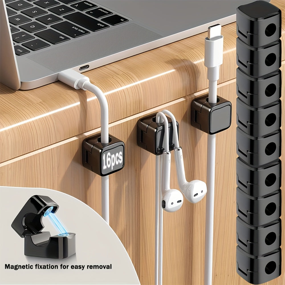 Magnetic Cable Organizer Clips 16 Pack Self-Adhesive No-Drill Cable Management Holder for Desk Wall Home Office Adjustable Wire Cord Organizer Set