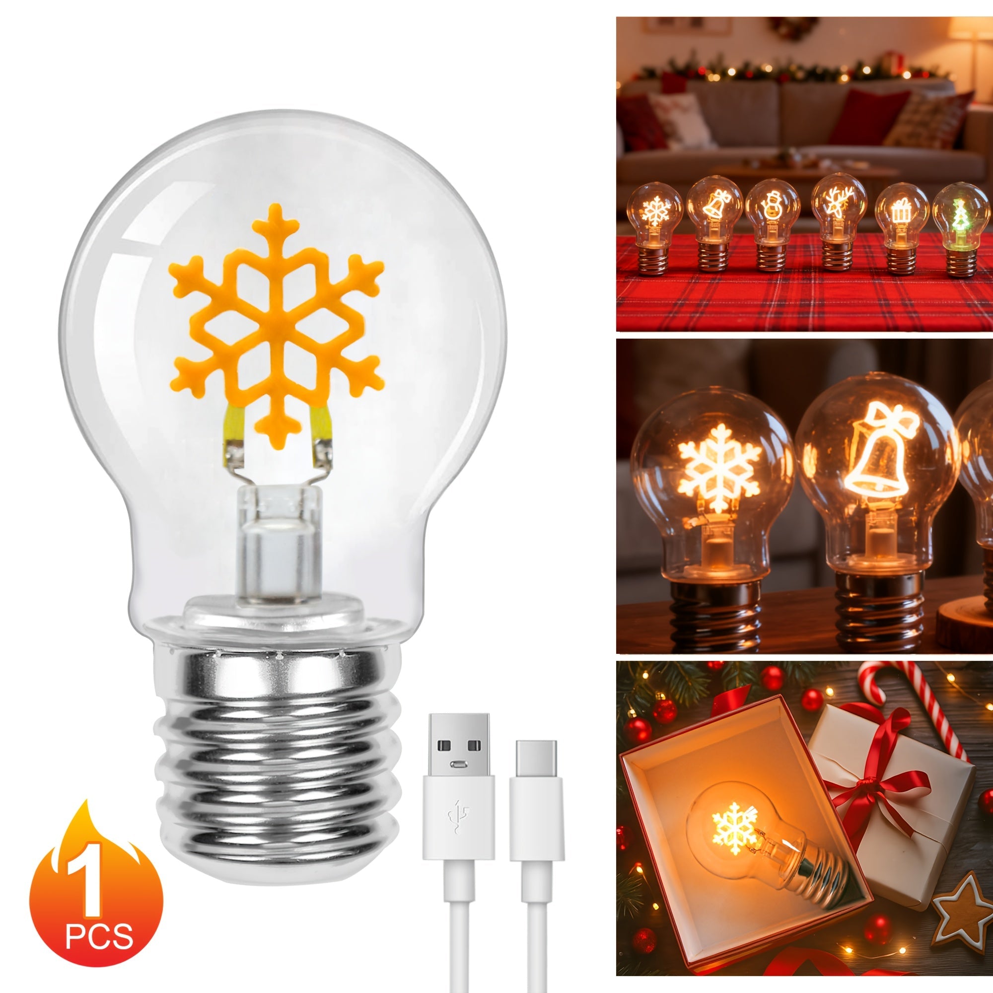 Christmas LED Decorative Bulb Type-C Rechargeable A19 Novelty Night Light ¨C Warm White Holiday Shape Bulbs for Indoor Table Window Decor, Bell Elk Snowman Snowflake Christmas Tree Gift Style