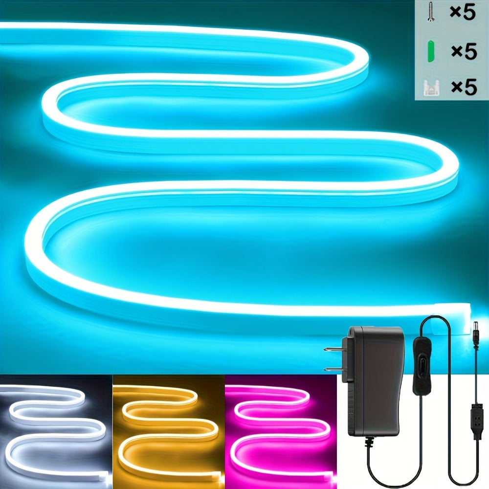 Neon LED Strip Lights 10m 32.8ft IP65 Waterproof with Power Adapter, 24V Flexible Neon Light Strip in White, Warm White, Ice Blue & Pink, for Bedroom, Living Room, Kitchen, Staircase, Indoor & Outdoor Decor