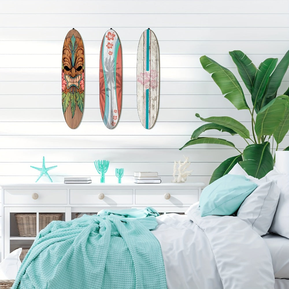 Wooden Surfboard Wall Art 15.74¡± ¨C Rustic Tropical Beach Decor with Hibiscus & Tiki Mask Design, Frameless Recycled Wood Wall Hanging for Hawaiian Bar, Home, Summer & Vacation Theme Decor