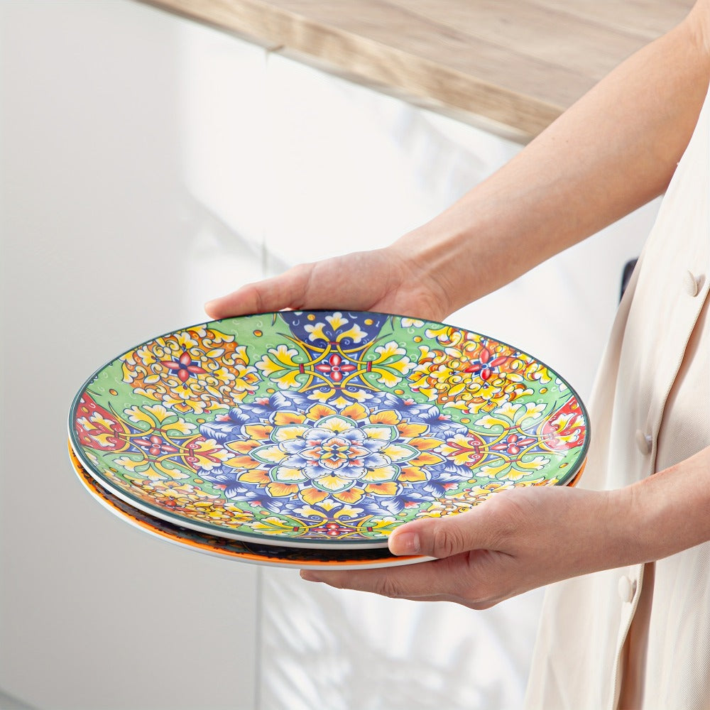 Bohemian Dinner Plates Set of 6 ¨C 10.5 Inch Colorful Stoneware Plate Set Microwave Dishwasher Safe Scratch Resistant Porcelain Dinnerware for Home Restaurant Cafe Boho Kitchen Decor Gift