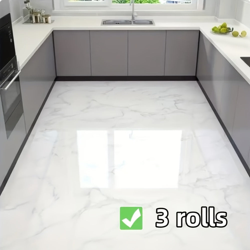 Self-Adhesive Marble Vinyl Floor Wallpaper 3 Rolls 23.62x197.75in - Waterproof Oil-Proof Anti-Slip Wear-Resistant Peel and Stick Floor Tiles for Kitchen Bathroom Living Room Home Renovation Straight Edge