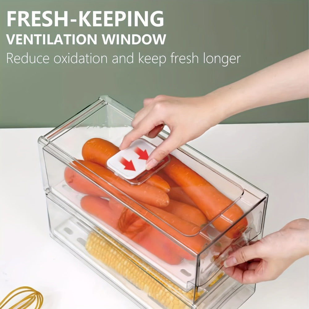 Stackable Fridge Organizer Bins with Drain Board 2 Pack, BPA-Free Refrigerator Drawer Organizer for Produce Fruit Vegetable, Reusable Food Storage Containers for Kitchen