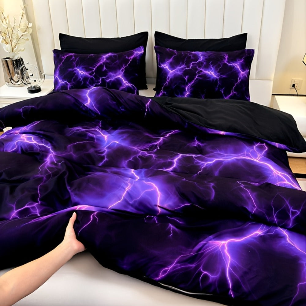 Duvet Cover Set 3 Piece Purple Lightning Digital Print - 100% Polyester Bedding Set with 2 Pillowcases, Twin Full Queen King, Colorful Graphic Bedroom Decor, Machine Washable