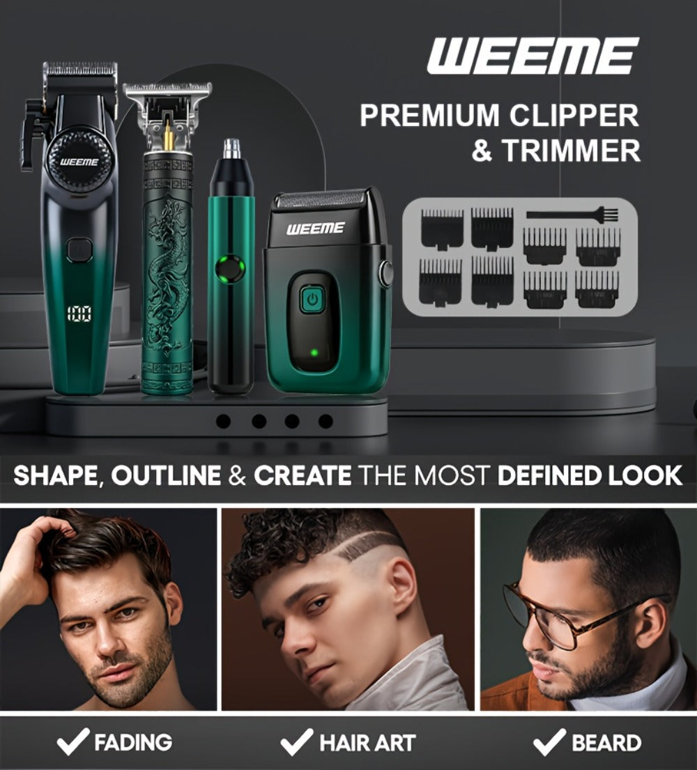 Hair Cutting Set 4pcs Professional - Electric Hair Clipper, Electric Shaver, T-Blade Trimmer & Nose Hair Trimmer, Gradient Green Gift Box, Precise Grooming Kit for Home Use & Gift