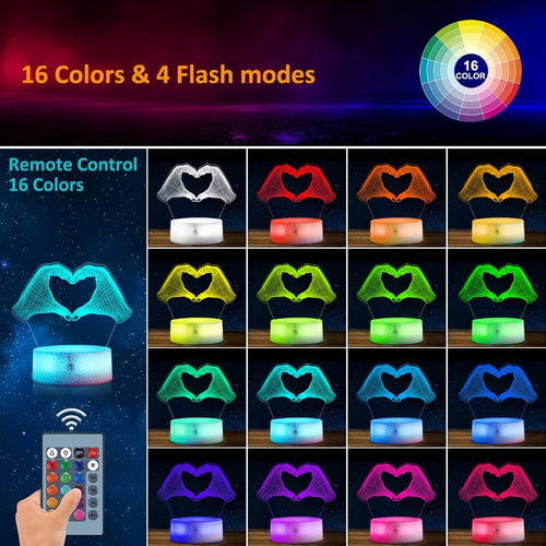 3D Heart Hands LED Night Light 16 Color Changing Optical Illusion Lamp Touch Remote Control Dimmable Bedside Table Lamp for Bedroom Valentine Gift Birthday Housewarming