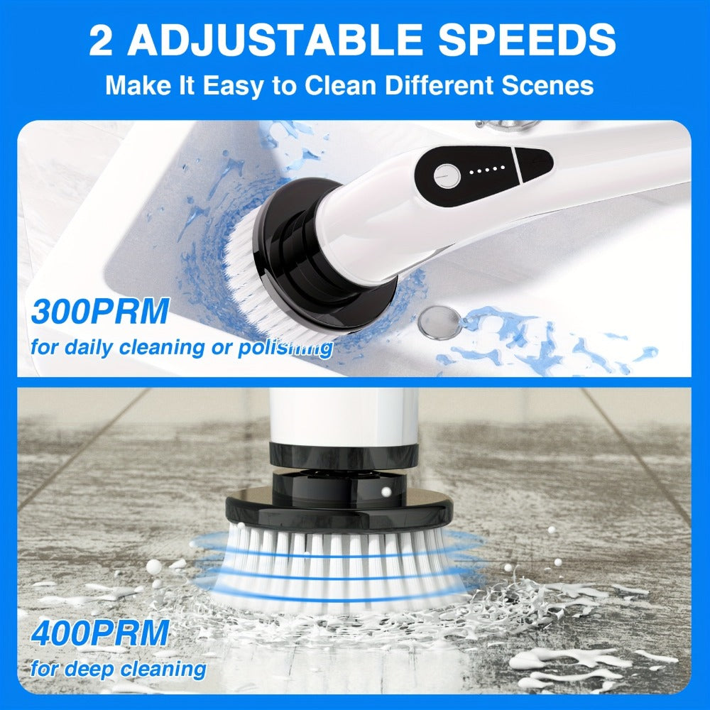Electric Spin Scrubber Cordless, 7-in-1 Cleaning Brush with 7 Replaceable Heads, Dual Speed Adjustable, USB Rechargeable, Detachable Telescopic Handle for Bathroom Tile Kitchen Tub Floor Living Room