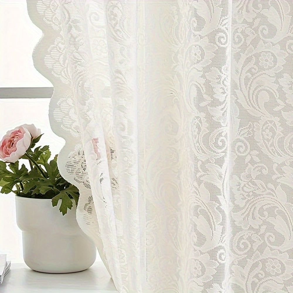 Sheer Curtain Rod Pocket Floral Lace Semi-Sheer Window Panel for Living Room Bedroom Kitchen Bathroom, 100% Polyester, Machine Washable, White Light Green Coffee
