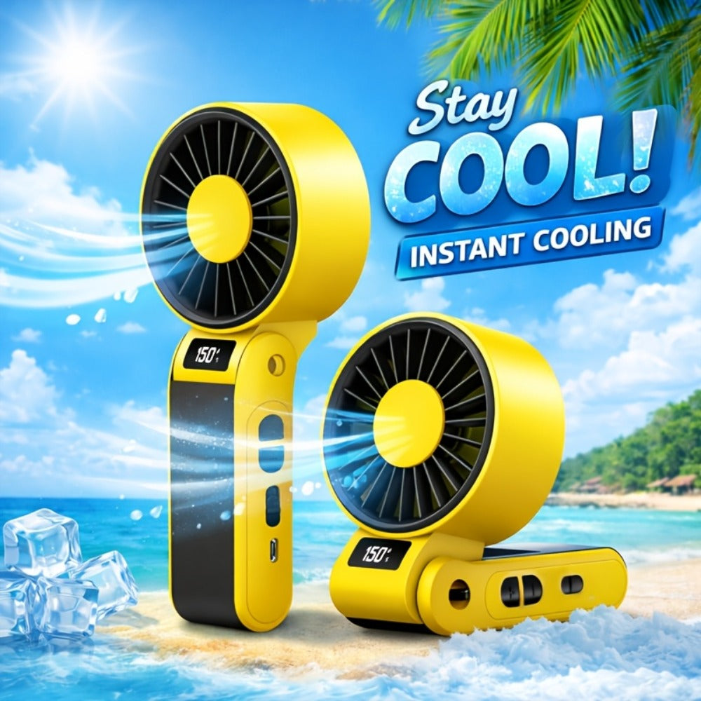 Handheld Fan USB-C Rechargeable 150-Speed Stepless Adjustable Turbo Fan LED Display Foldable Wearable Neck Desk Fan for Outdoor Travel Office Camping Black White Yellow