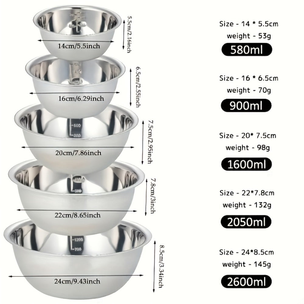 Stainless Steel Mixing Bowl Set 5-Pack with Measurement Markings for Kitchen Cooking Baking Salad Vegetable Washing Fruit Serving & Meal Prep ¨C Stackable Nesting Bowls