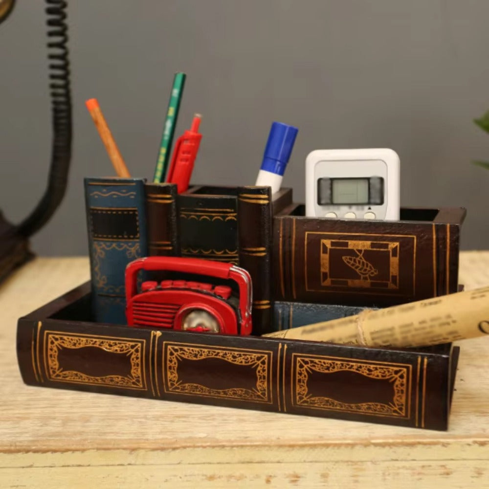 Wooden Pen Holder with Drawer Book-Shaped Desk Organizer, Vintage Retro Wood Desktop Storage Box with Hidden Drawer for Pens Pencils Remote Control, Decorative Office Home Study Room Gift