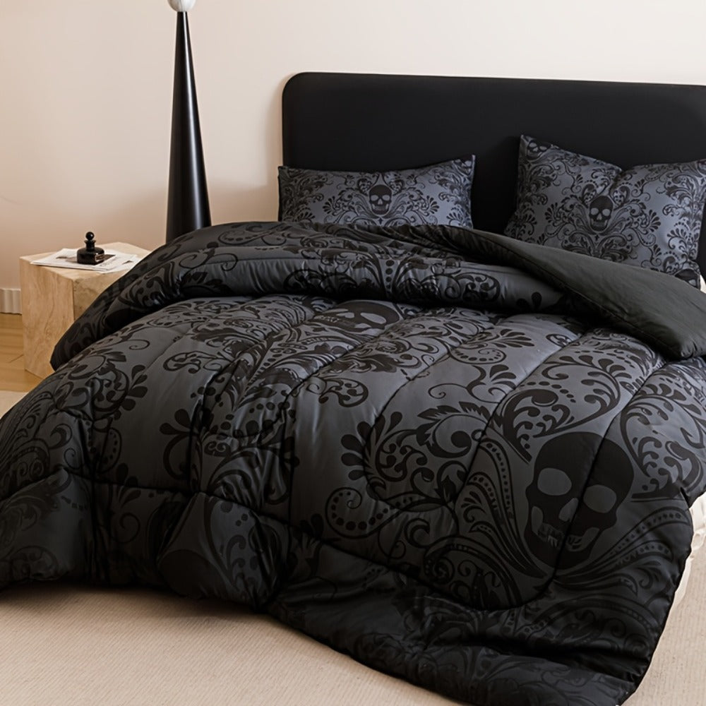 Skull Quilt Set 3pcs Gothic Victorian Comforter with 2 Pillowcases | Black Gray Digital Print Bedding Twin Full Queen King