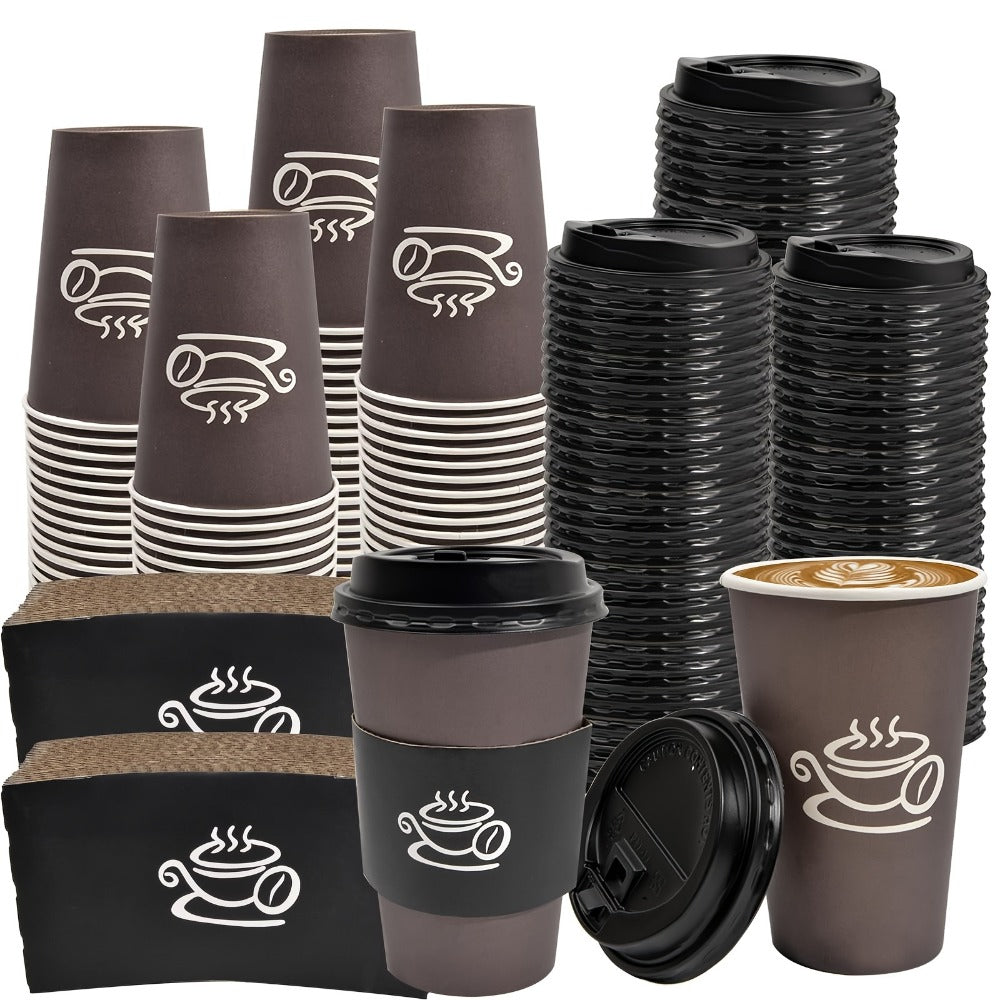 Disposable Paper Coffee Cups 50 Pack 16oz with Lids Sleeves Stirrers Hot Cold Beverage Cup for Coffee Tea Juice Home Office Cafe