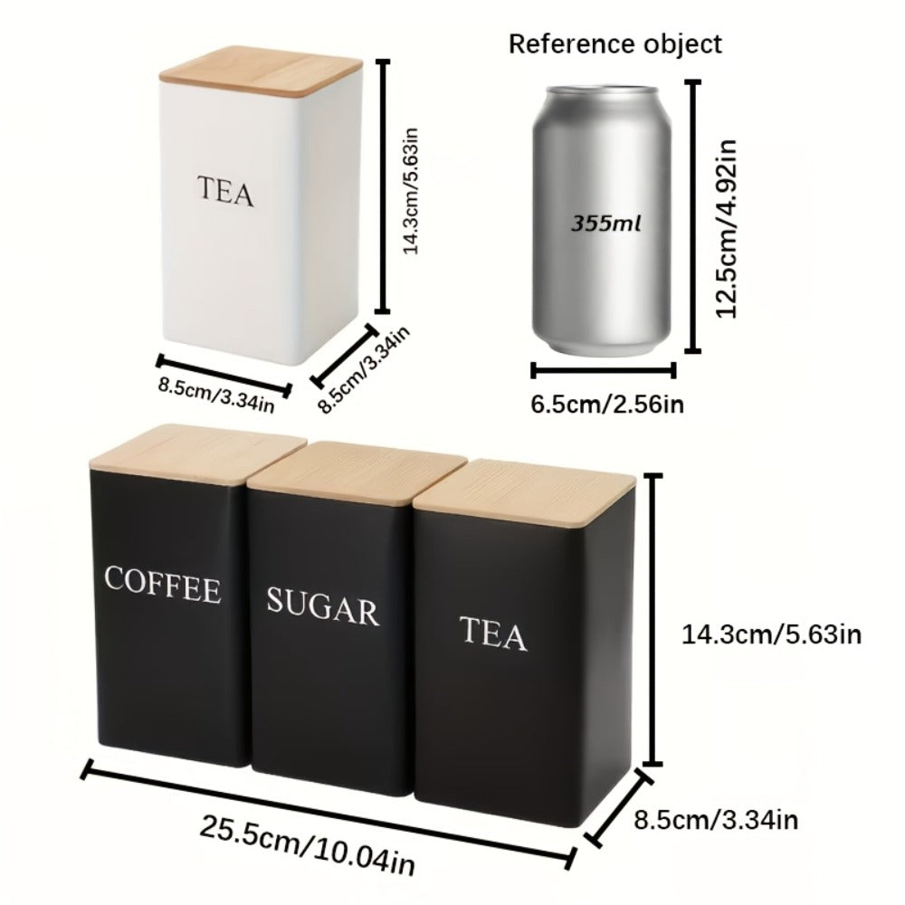 3-Piece Metal Kitchen Canister Set with Wooden Lids ¨C Coffee Tea Sugar Storage Jars, Airtight Kitchen Organizer Tins, Black or White Home Decor Gift Set