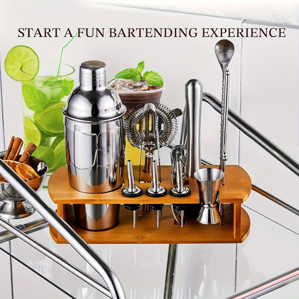 Cocktail Shaker Set Bartender Kit with Stand - 304 Stainless Steel Bar Tools Drink Mixer Set with Martini Shaker Jigger Strainer Mixer Spoon Muddler Liquor Pourers