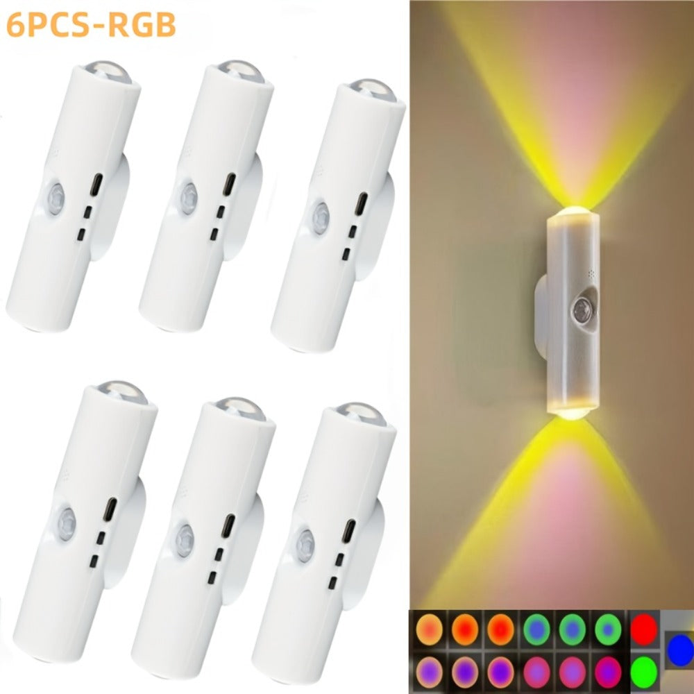 Cat Eye LED Wall Light Motion Sensor ¨C 6 Pack USB Rechargeable Night Lamp, 3 Color Settings, Wireless Auto Sensing No Wiring for Bedroom Stairs Closet Bathroom Hallway (RGB / Three Colors)