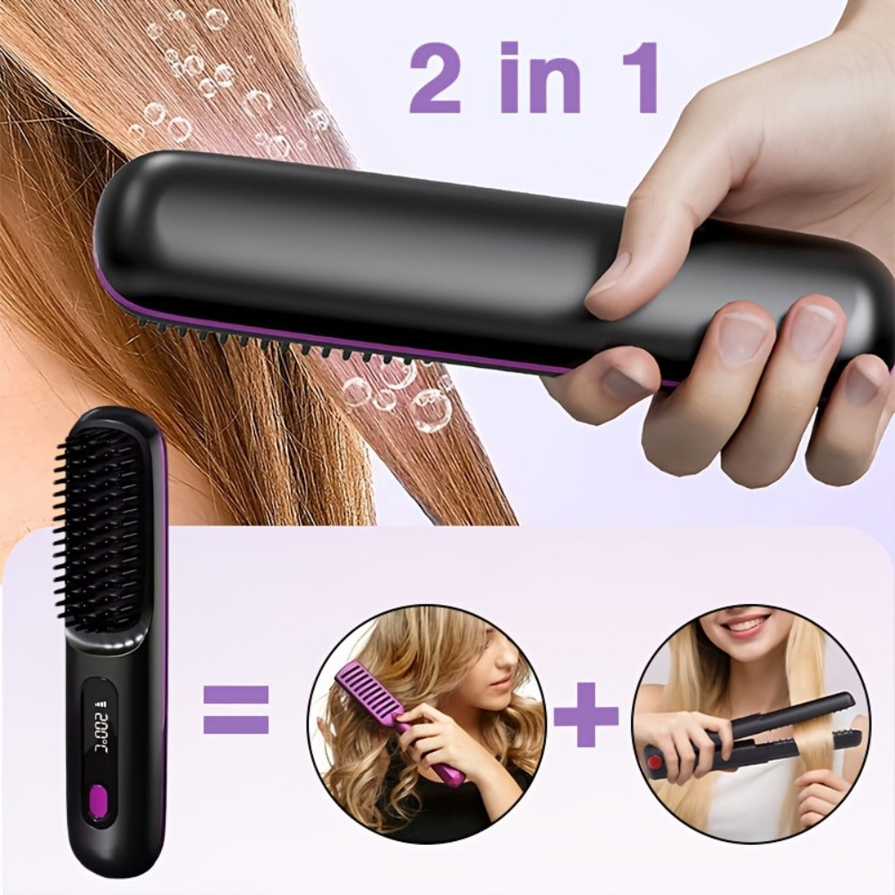 Cordless Hair Straightening Brush ¨C Mini Rechargeable Portable Straightener Comb for Travel Daily Styling, Fast Heating Anti-Scald Frizz Control for All Hair Types, Black & White
