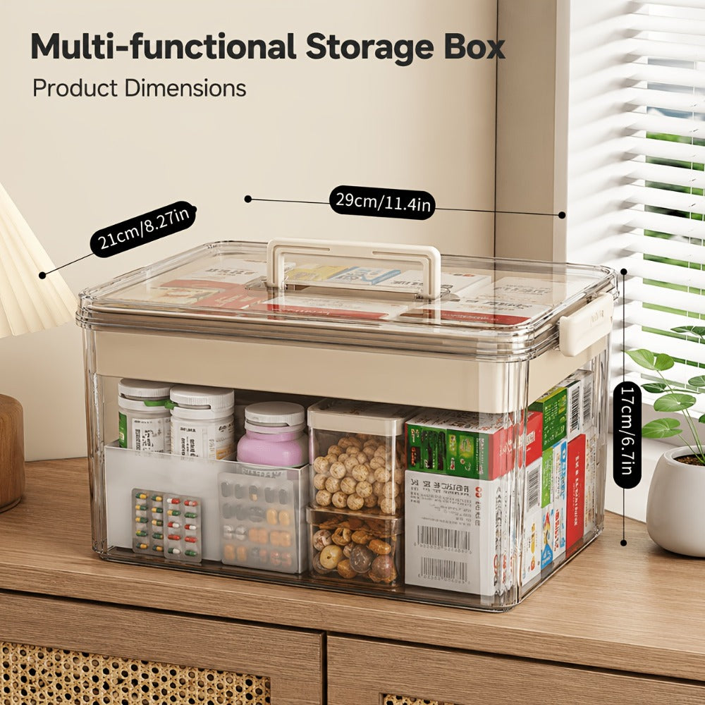 Medicine Storage Box with Handle, Multi-Layer Transparent Plastic Pill Organizer Cabinet, Portable Home Medicine Chest for Bedroom Bathroom Office Desk, Spacious Drug & First Aid Supply Organizer