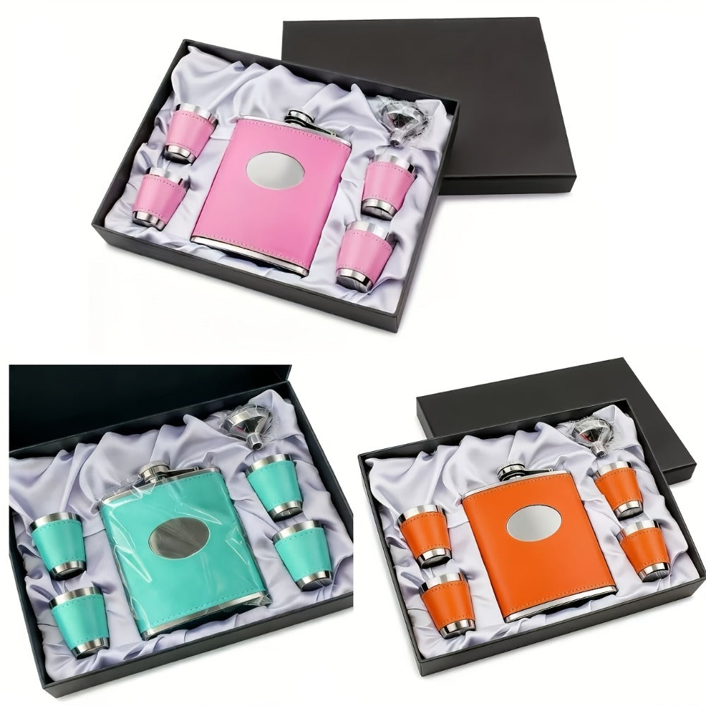 Flask Set for Women 6oz Leather Wrapped Stainless Steel Hip Flask Gift Set with 4 Cups and Funnel Pink Orange Blue Holiday Christmas Valentine Gift for Girlfriend Mom
