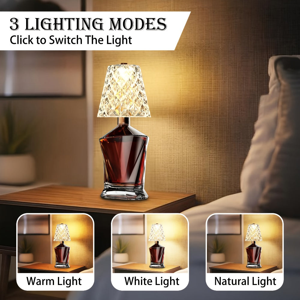 Wireless Wine Bottle Lamp ¨C USB Rechargeable Acrylic Crystal Shade, 3-Color Touch Control Smooth Dimming, 2000mAh Cordless Bottle Light for Bar Decor, Home, Kitchen, Party & Table Ambiance (1pc / 2pcs)