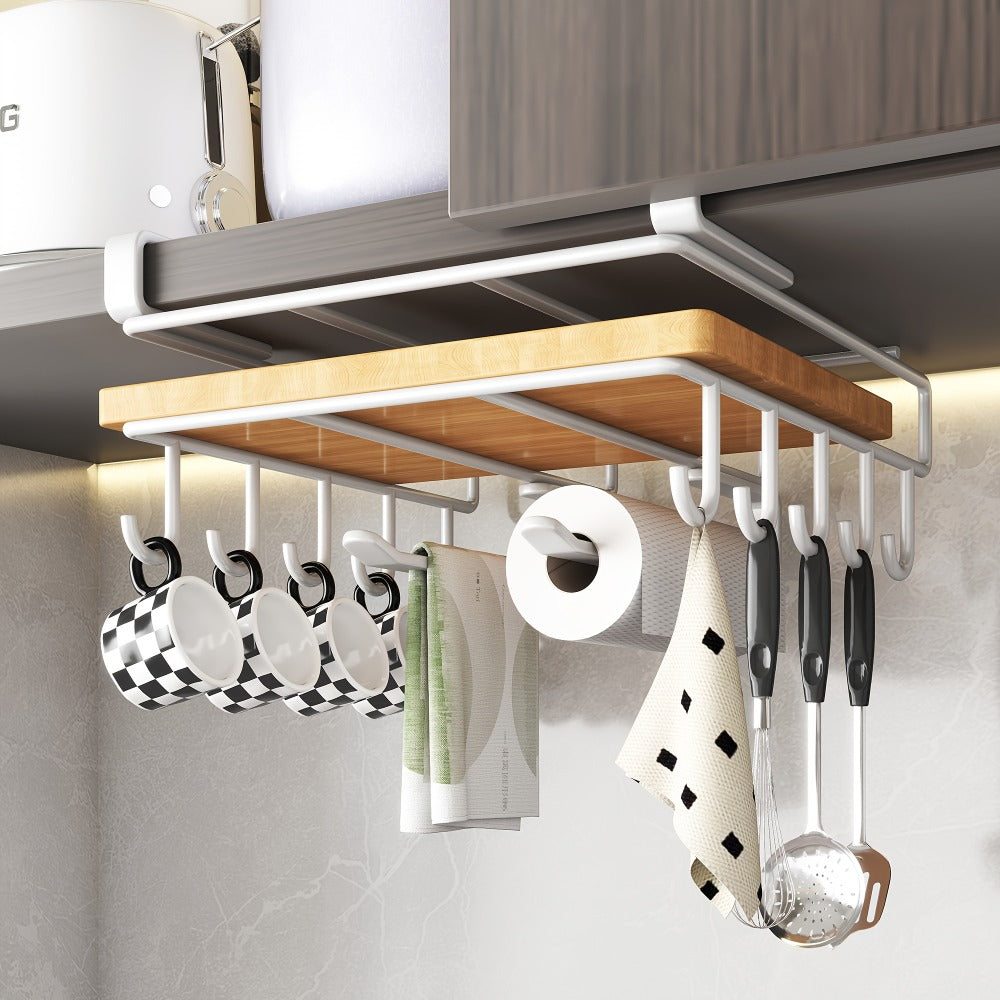 Under Cabinet Organizer Rack with Hooks ¨C Heavy Duty Carbon Steel Kitchen Shelf for Utensils, Towels, Cups & Cutting Boards ¨C No-Drill Door-Mount Space-Saving Kitchen Storage