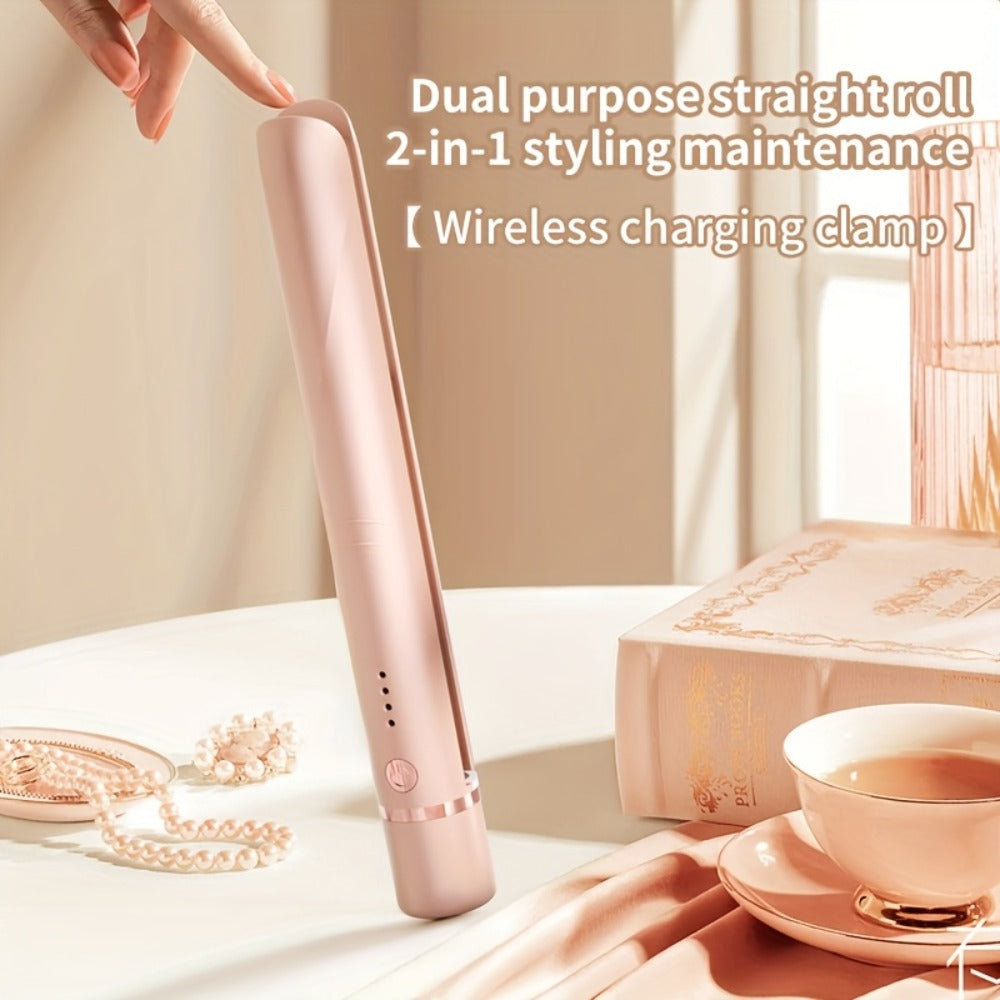 Wireless Hair Straightener and Curling Iron 2-in-1 Ceramic Cordless Hair Styler USB-C Rechargeable 3-Speed Adjustable Temperature Portable Travel Hair Tool Women Gift Pink White