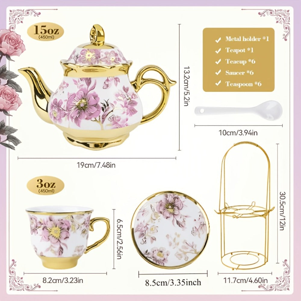 20-Piece Floral Ceramic Tea Set with Saucers & Metal Stand | European Afternoon Tea Service, Blooming Design, Complete Tea Accessories, Gift for Tea Lovers