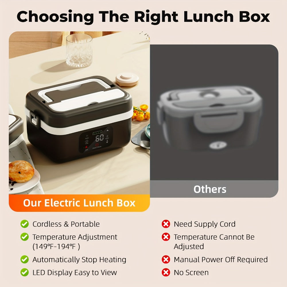 Wireless Heated Lunch Box 8000mAh Battery Powered - 60W Electric Food Warmer 1L Stainless Steel with Smart Timer 8 Settings and Power Bank Function, Portable Lunch Heater for Office Car Truck and Travel, BPA-Free with Fork Spoon and Insulated Bag
