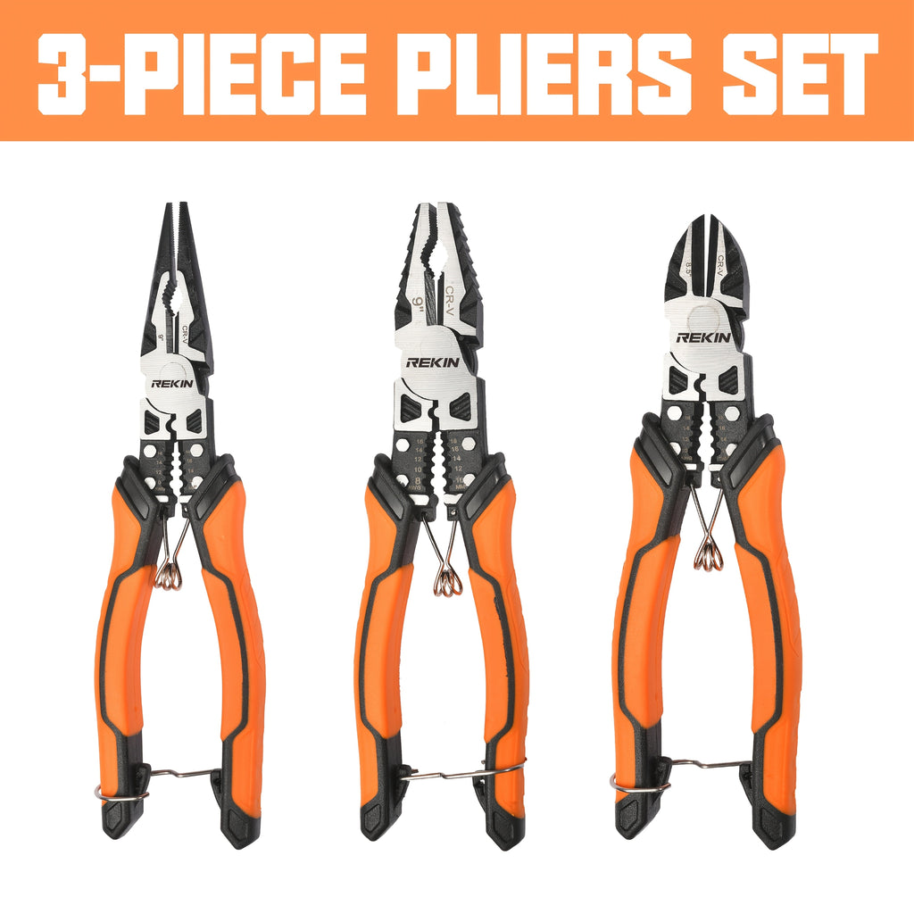 Pliers Set 9-in-1 Multi-Function Industrial Grade, 8.5¡± Lineman Pliers, 8.5¡± Long Nose Pliers, 8¡± Diagonal Side Cutters, CRV Steel TPR Handle Wire Stripper Crimper Cutter for Electrical & Auto Repair