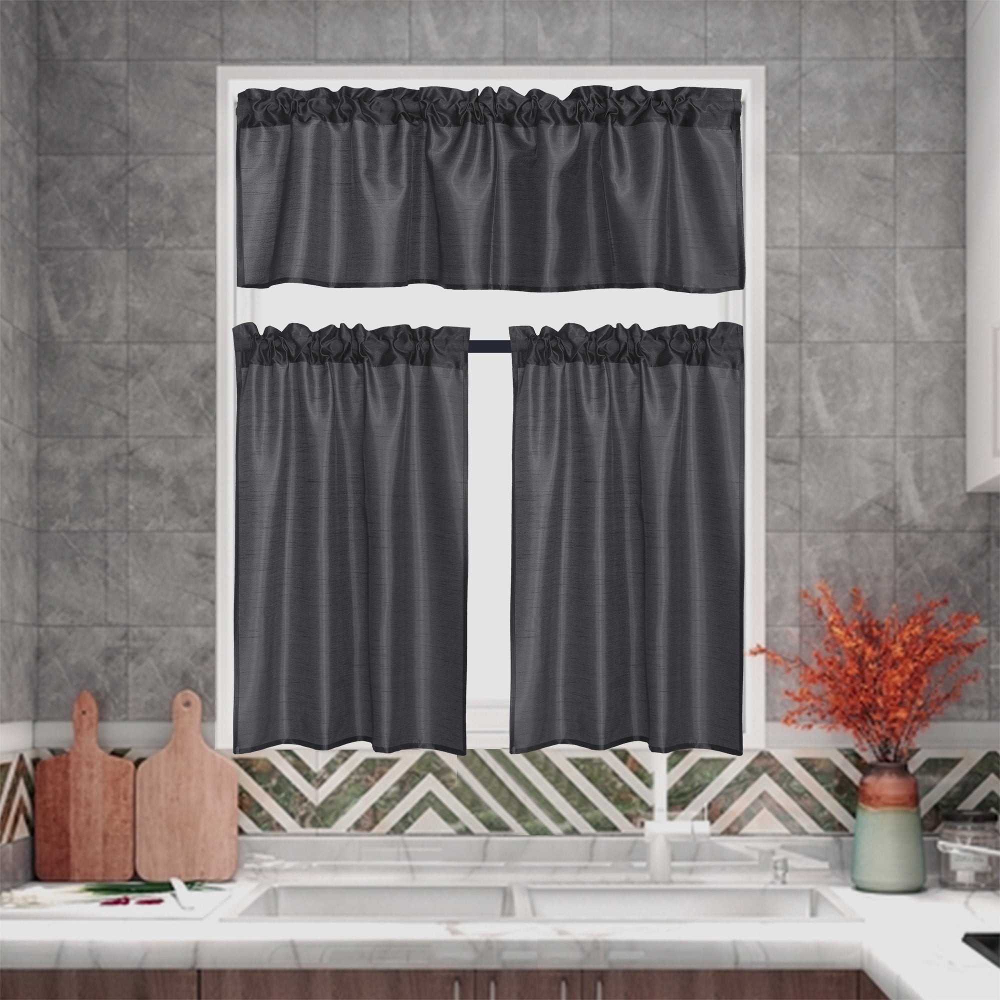 Kitchen Curtains 3 Panels Faux Silk Sheer Tier and Valance Set Rod Pocket 2 Tiers 26x36 inch + Valance 52x14 inch for Kitchen Bathroom Window Drapes