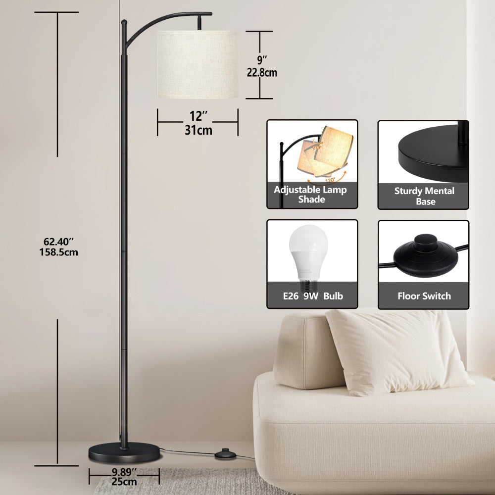 Floor Lamp for Living Room - Industrial Standing Lamp with 3 Color Temperatures, 9W LED Bulb & Beige Lampshade Included, Tall Reading Floor Lamp for Bedroom Office, Black