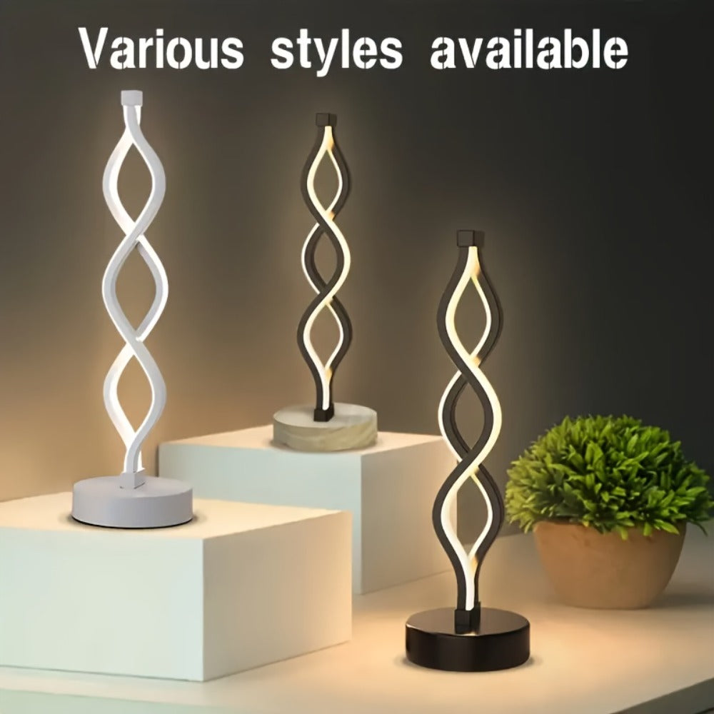 Spiral LED Table Lamp ¨C Modern Minimalist Wave Dimmable Desk Lamp, 3 Color Temperatures, USB Charging, Metallic Base, Creative Curved Night Light for Bedroom Living Room Office Study (1pc / 2pc / Wooden)