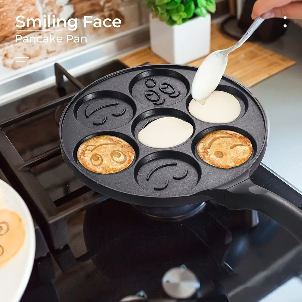 Non-Stick Pancake Pan 7-Hole Smiley Face ¨C Fun Breakfast Egg & Bacon Frying Tray for Kids & Family, Easy to Clean, Mini Pancake Maker Baking Pan Kitchen Cooking Tool