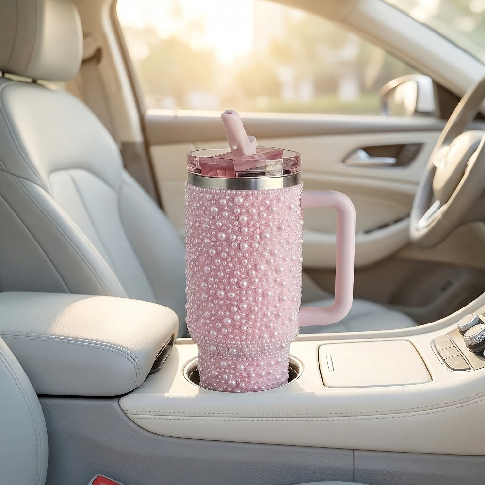 40oz Rhinestone Tumbler with Handle and Straw ¨C Stainless Steel Double Wall Insulated Cup | Pearl Glitter Travel Mug for Sublimation Outdoor Sports Camping Holiday Gift