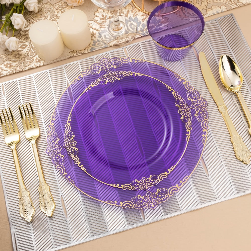 Disposable Party Plates Set 175 Pieces for 25 Guests Clear Plastic Plates with Gold Trim, Includes Dinner Plates Dessert Plates Cups Napkins Gold Silverware for Wedding Birthday Party Christmas