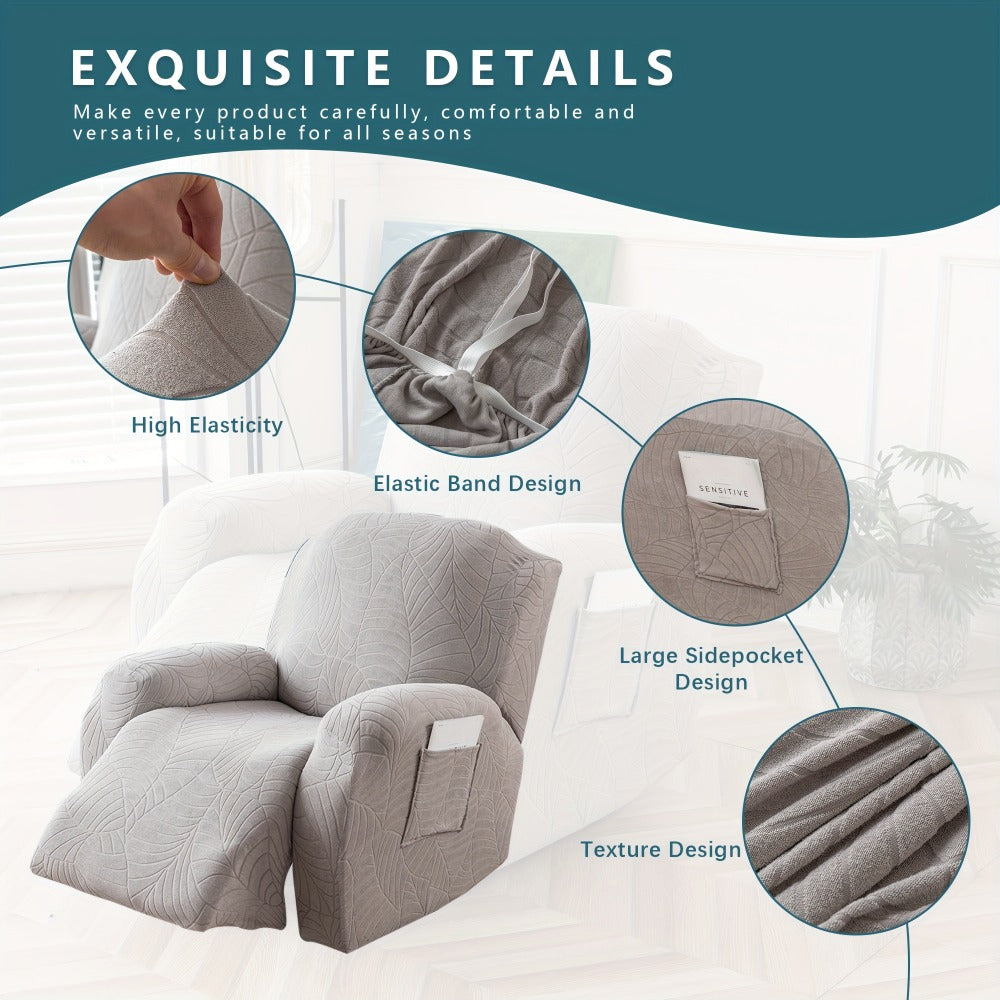 Recliner Chair Cover Slipcover 4-Piece Set ¨C Leaf Jacquard Stretch Furniture Protector with Storage Pocket, Non-Slip Recliner Sofa Cover for Living Room, Machine Washable, 6 Colors Available