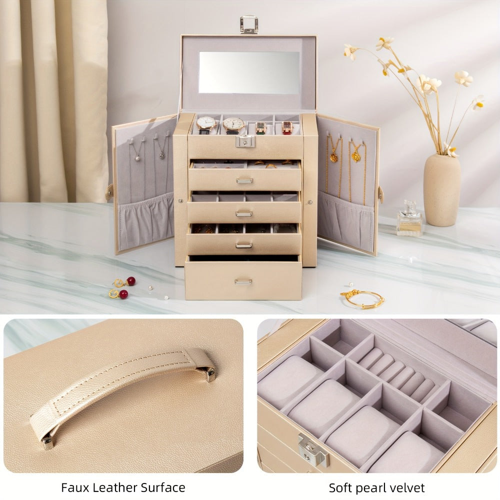 Large Jewelry Box 5-Tier PU Leather Organizer with Lock & Mirror ¨C Storage Case for Bracelets, Earrings, Rings & Necklaces