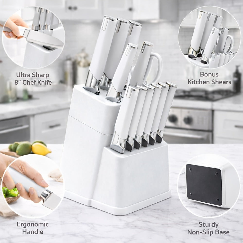13-Piece Kitchen Knife Set with Block, Chef Bread Steak Knives Scissors Stainless Steel Colorful Cutlery Gift Set with Knife Holder