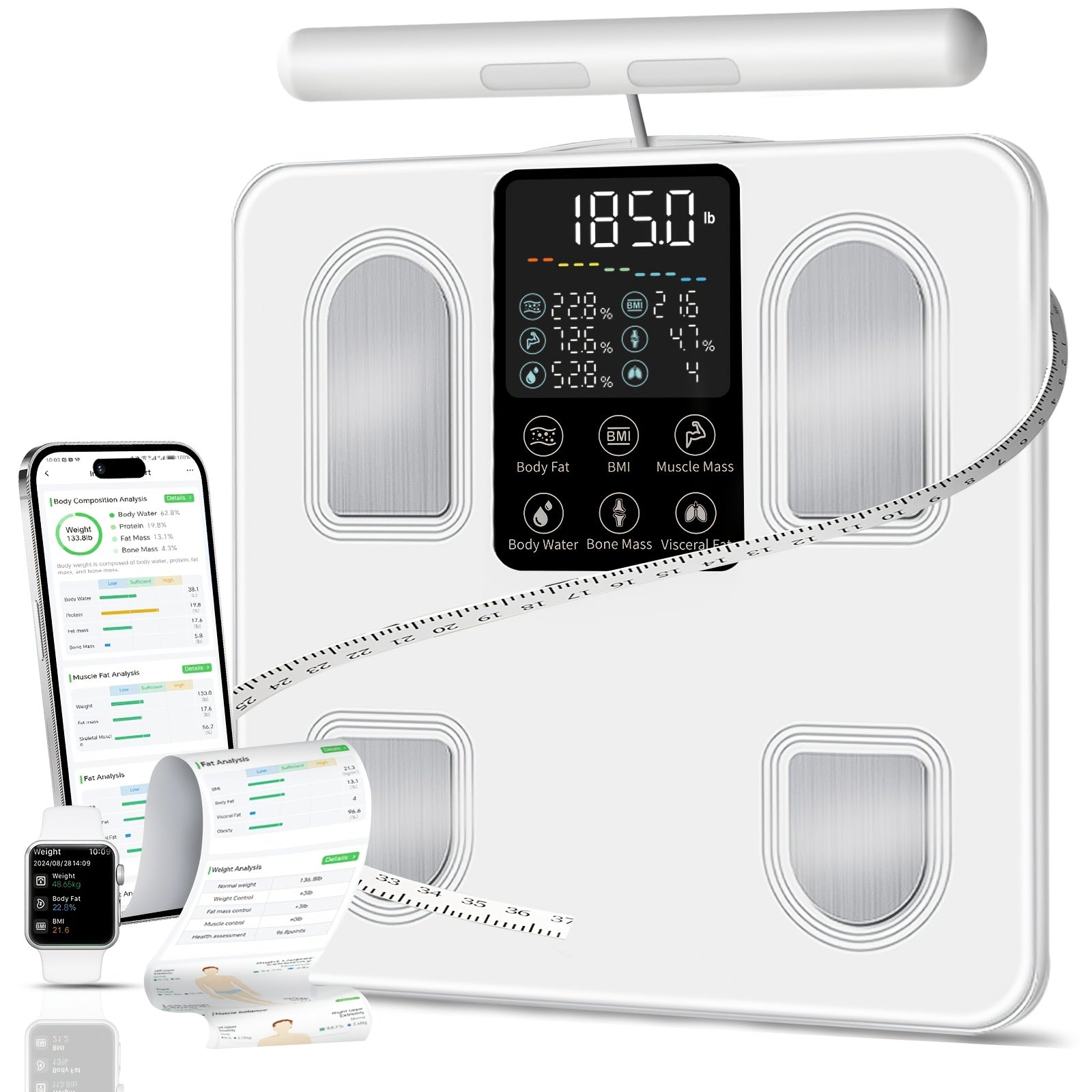 Smart Body Fat Scale with Handle, 8-Electrode Full Body Composition Analyzer, BMI Muscle Mass Monitor, Digital Weight Scale with APP Sync & LED Display for Home Gym Fitness Tracking