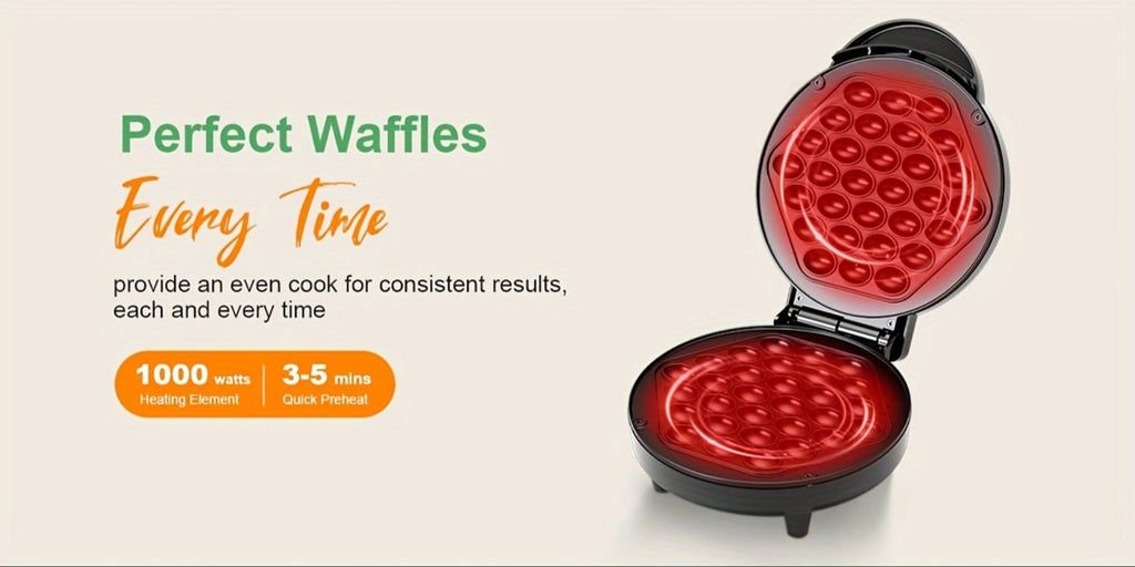 Bubble Waffle Maker 7 Inch 1000W Electric Hong Kong Egg Waffle Maker Nonstick Coating Ready in 5 Minutes for Breakfast Ice Cream Desserts Party Snacks Gift