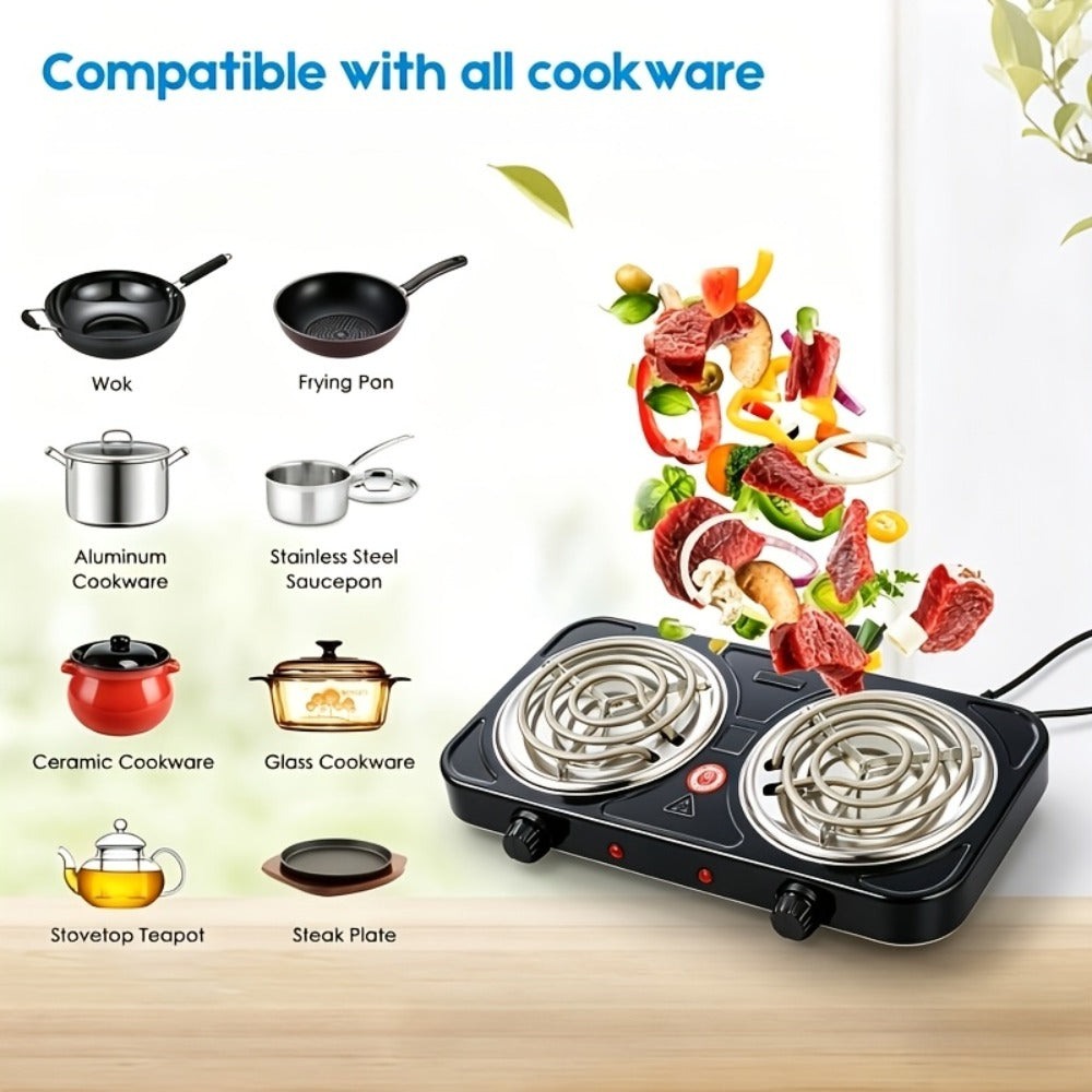 Portable Electric Stove Tabletop Double Burner ¨C Adjustable Rotary Temperature Control, Compact Electric Charcoal Heater for Home, Office, Dorm, Camping, Milk & Coffee Heating, Black